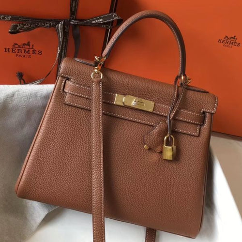 HERM Kelly 28cm Bag In Gold Clemence Leather GHW