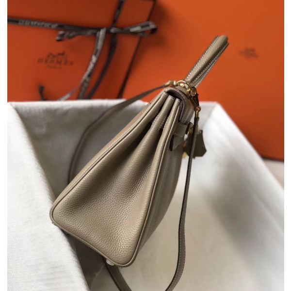 HERM Kelly 28cm Bag In Gris Tourterelle Clemence Leather GHW