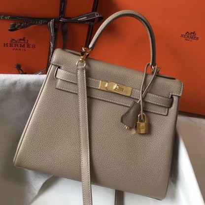 HERM Kelly 28cm Bag In Gris Tourterelle Clemence Leather GHW