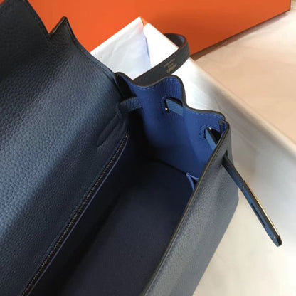 HERM Kelly 32cm Bag In Blue Agate Clemence Leather GHW