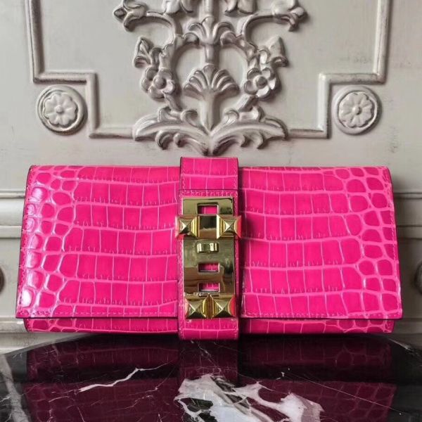 HERM Medor Clutch Bag In Rose Red Crocodile Leather