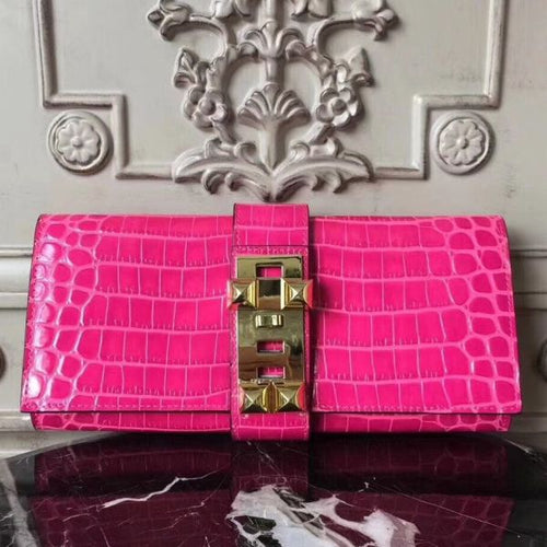HERM Medor Clutch Bag In Rose Red Crocodile Leather