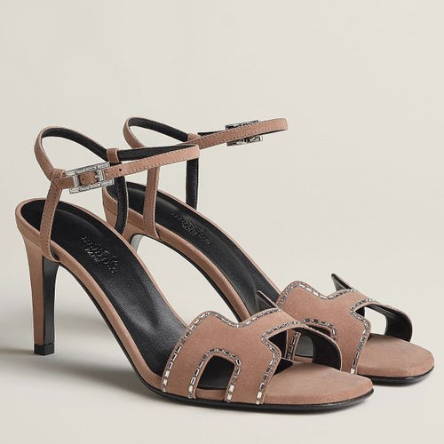 HERM Heden 80 Sandals in Beige Suede Leather with Rhinestone