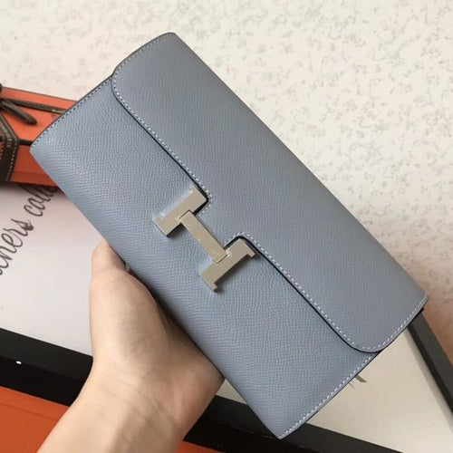 HERM Constance Long Wallet In Blue Lin Epsom Leather