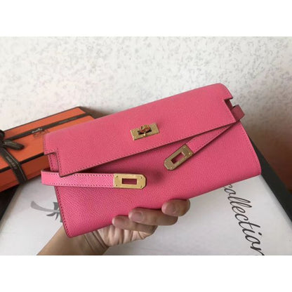 HERM Kelly Classic Long Wallet In Pink Epsom Leather