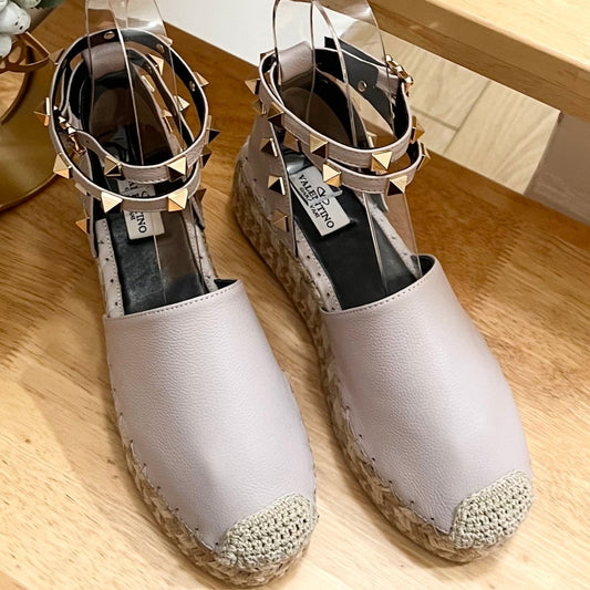 LIGHT PURPLE LEATHER ROCKSTUD ESPADRILLES ANKLE STRAP FLATS