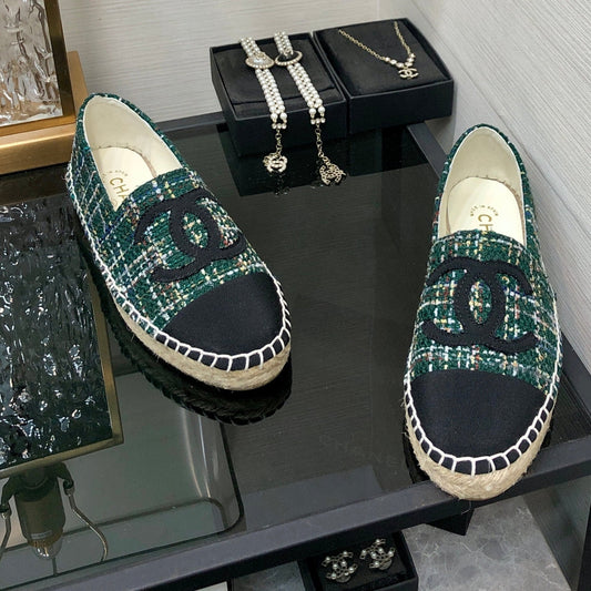 ESPADRILLE FOREST GREEN TWEED FABRIC AND BLACK CALFSKIN FLATS