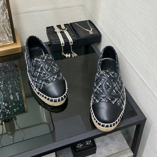 ESPADRILLE BLACK MIX WHITE TWEED FABRIC AND CALFSKIN FLATS