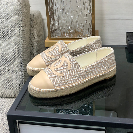 ESPADRILLE BISQUE BEIGE TWEED FABRIC AND CALFSKIN FLATS