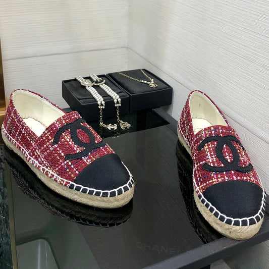 ESPADRILLE BLACK MIX CRIMSON RED TWEED FABRIC FLATS
