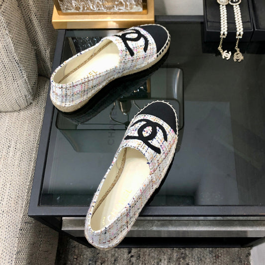 ESPADRILLE WHITE MIX BLACK TWEED FABRIC FLATS