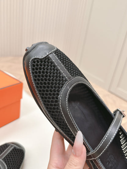 KICHU BALLET FLAT IN BLACK CROCHET KNIT AND CALFSKIN