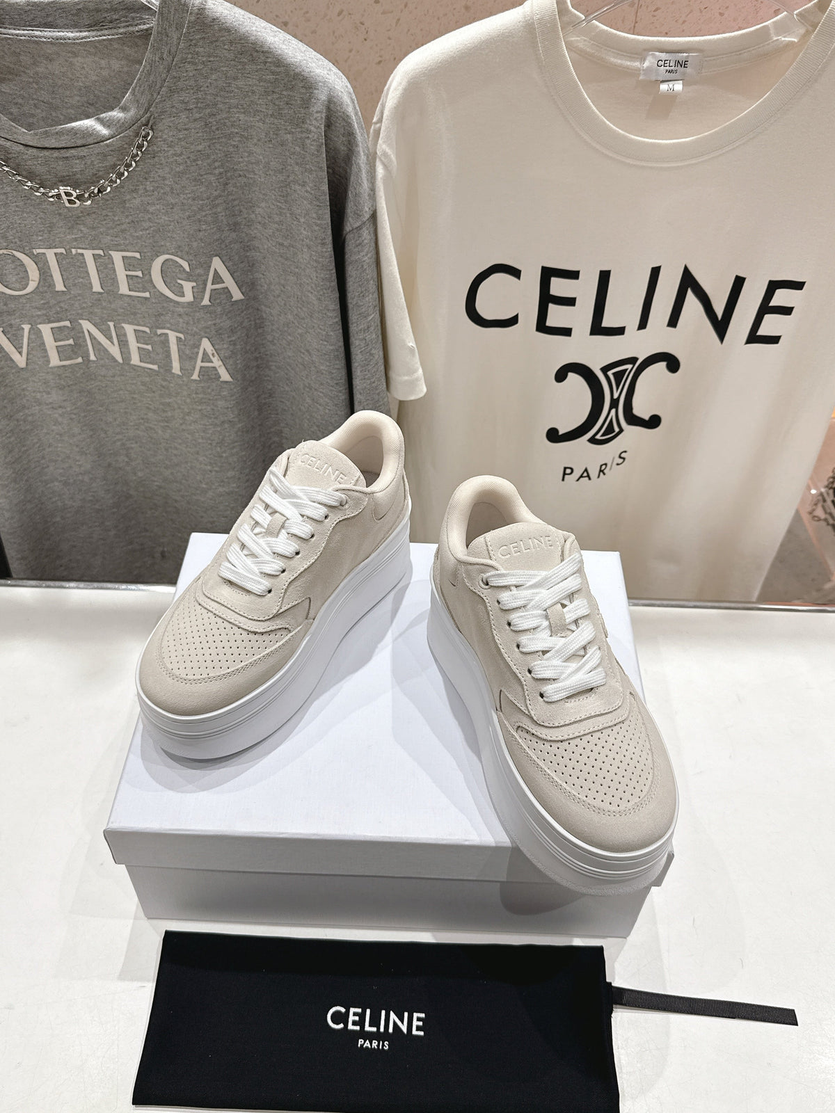 BLOCK SNEAKERS WITH EMBROIDERED TRIOMPHE IN PARCHMENT BEIGE SUEDE