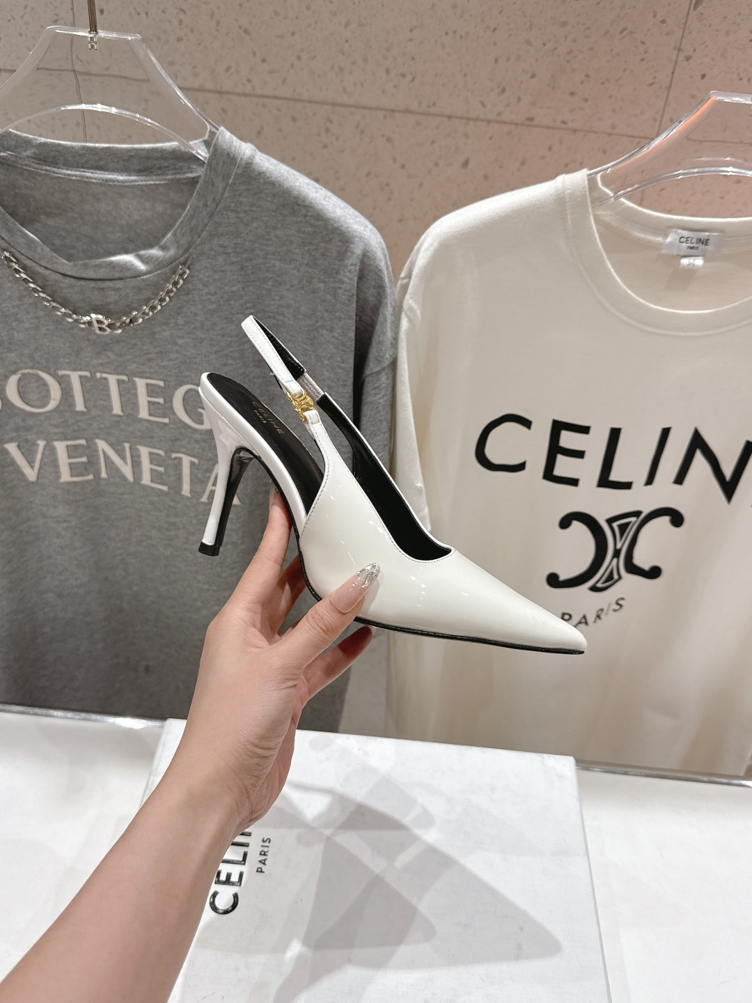 JUDY TRIOMPHE STILETTO SLINGBACK 75MM IN WHITE PATENT CALFSKIN