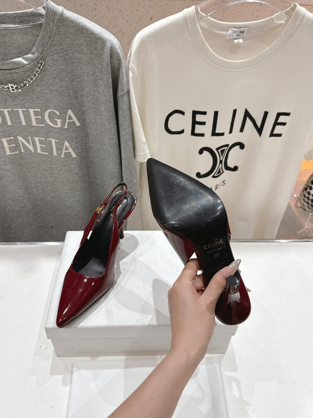 JUDY TRIOMPHE STILETTO SLINGBACK 75MM IN BURGUNDY RED PATENT CALFSKIN
