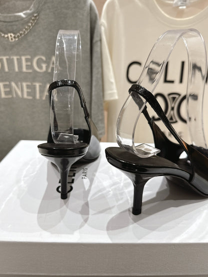 JUDY CAP TOE SLINGBACK 65MM IN BLACK SHINY CALFSKIN AND SILVER SNAKE EMBOSSED LEATHER
