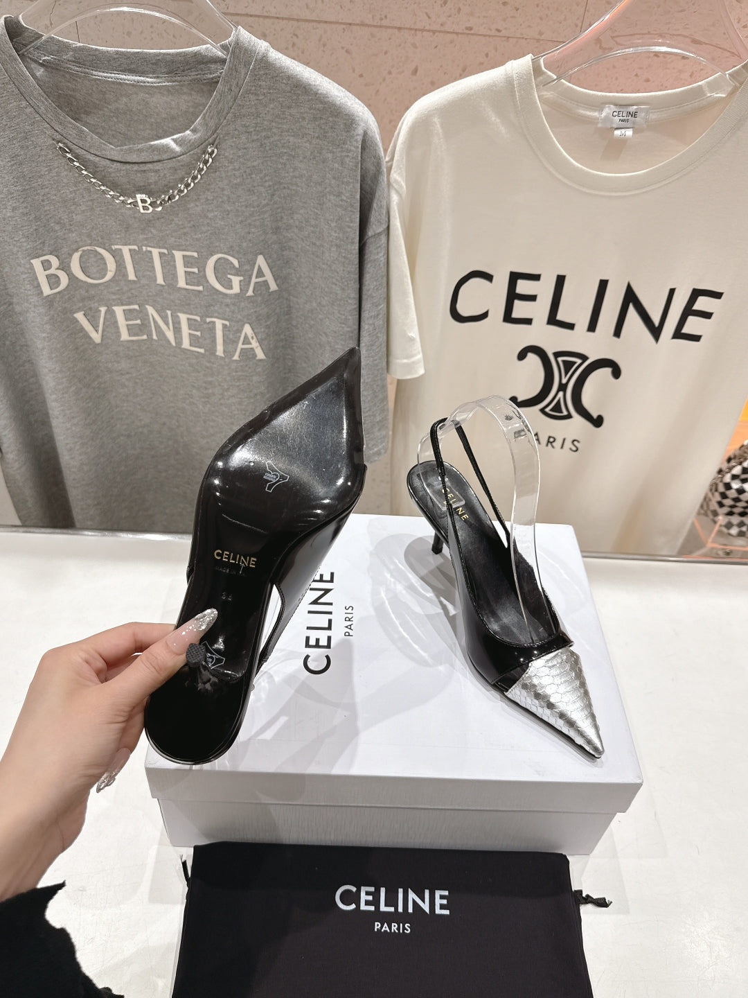 JUDY CAP TOE SLINGBACK 65MM IN BLACK SHINY CALFSKIN AND SILVER SNAKE EMBOSSED LEATHER