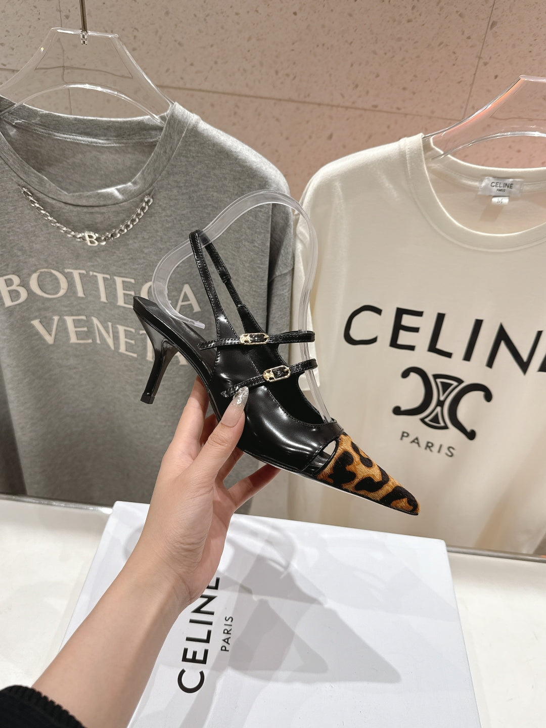 JUDY DOUBLE STRAP MARY JANE SLINGBACK 65MM IN BLACK PATENT CALFSKIN AND LEOPARD PRINTED HAIRY CALFSKIN