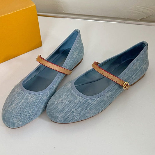 ROMY FLAT BALLERINA IN LIGHT BLUE MONOGRAM DENIM FABRIC