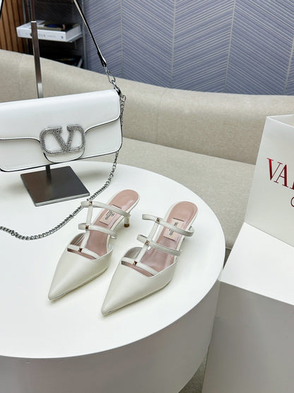 ROCKSTUD WISPY WHITE CALFSKIN MULE 60MM