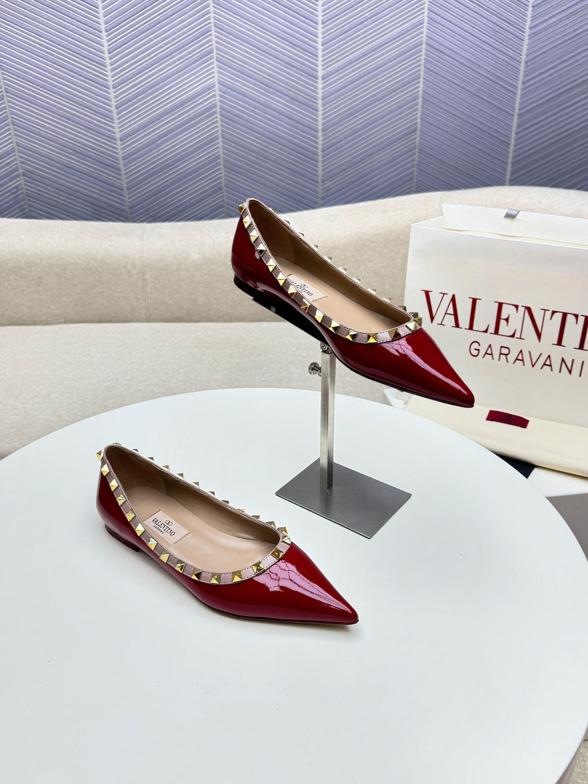 ROCKSTUD FLAT PUMP IN BERRY RED CALFSKIN