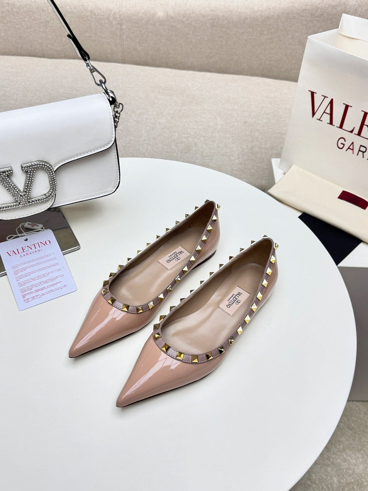 ROCKSTUD FLAT PUMP IN NUDE TAN CALFSKIN