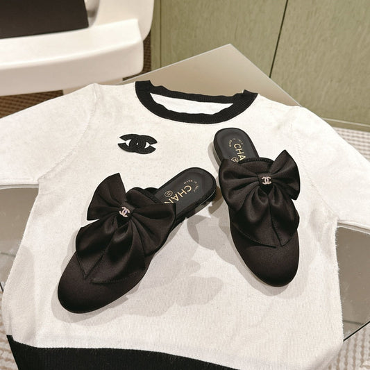 CC MULE WITH SILK BOW AND BLACK LAMBSKIN
