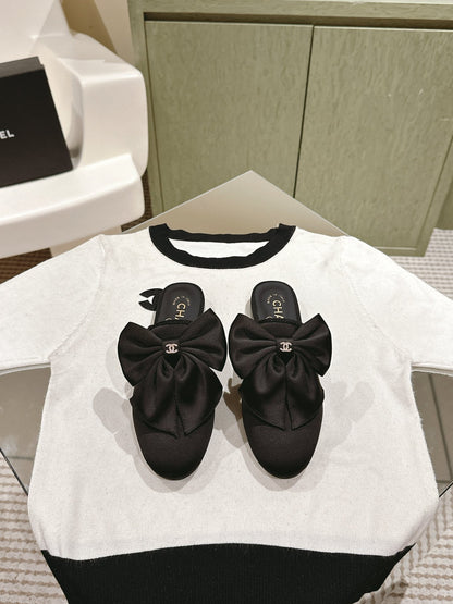CC MULE WITH SILK BOW AND BLACK LAMBSKIN