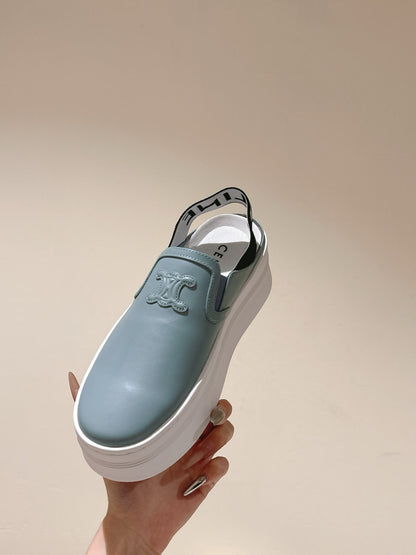 THICK-SOLED ELASTIC BACKLESS SHOES GRANNY SMITH BLUE SHINY CALFSKIN