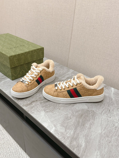 GG ACE SNEAKER WITH WEB IN BEIGE EMBOSSED SUEDE AND WOOL LINING