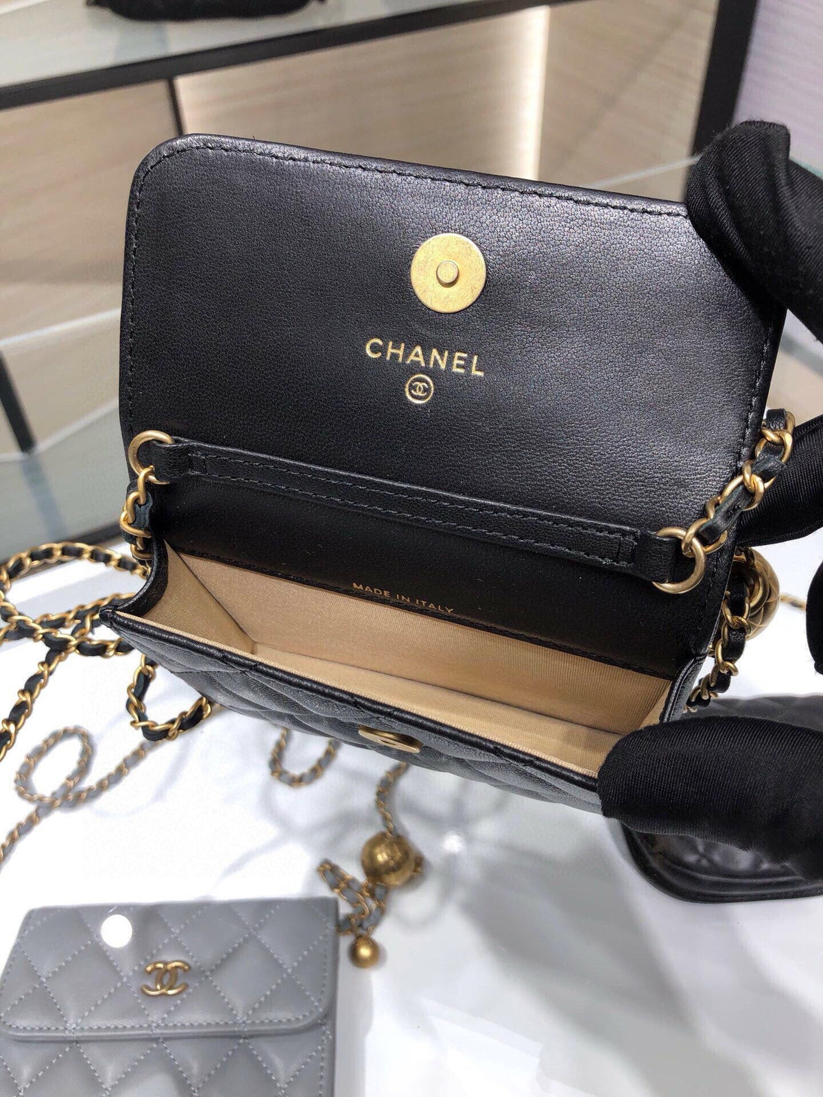 MINI FLAP BAG 12 IN BLACK QUILTED LAMBSKIN GOLD HARDWARE