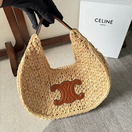 CELINE PANIER HOBO BAG 33 IN RAFFIA AND CALFSKIN LOGO BROWN