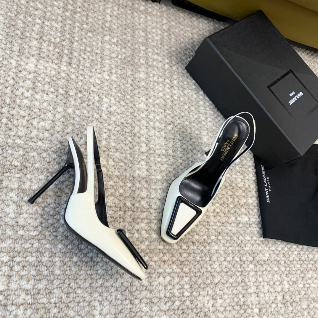 SL TRIANGLE HEELED SLINGBACKS WHITE CALFSKIN
