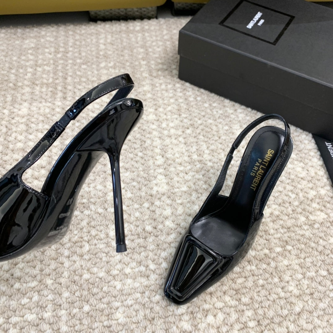 SL TRIANGLE HEELED SLINGBACKS BLACK CALFSKIN