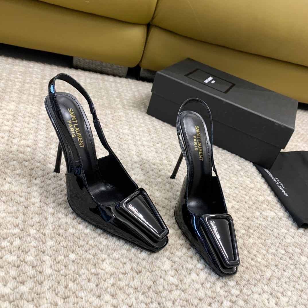 SL TRIANGLE HEELED SLINGBACKS BLACK CALFSKIN