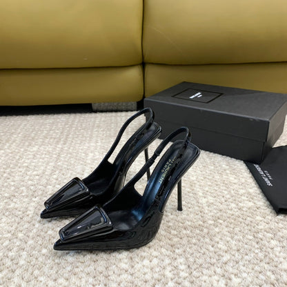 SL TRIANGLE HEELED SLINGBACKS BLACK CALFSKIN
