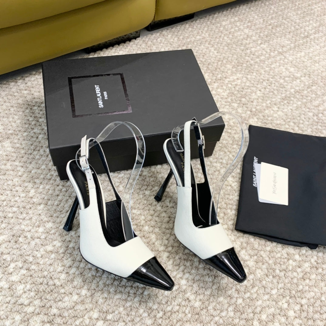 SL CAP-TOE SLINGBACKS WHITE CANVAS AND BLACK CALFSKIN