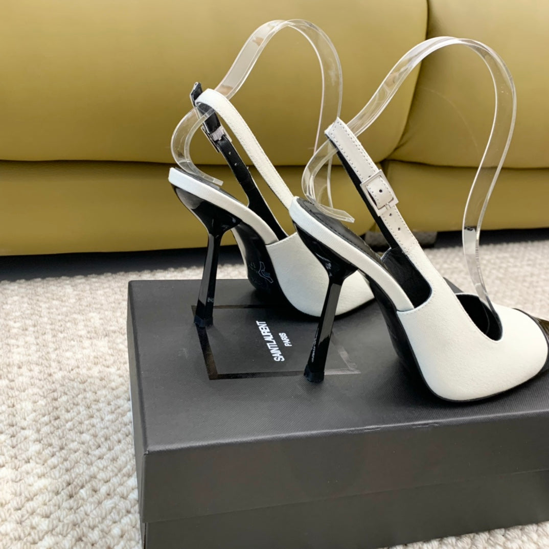 SL CAP-TOE SLINGBACKS WHITE CANVAS AND BLACK CALFSKIN