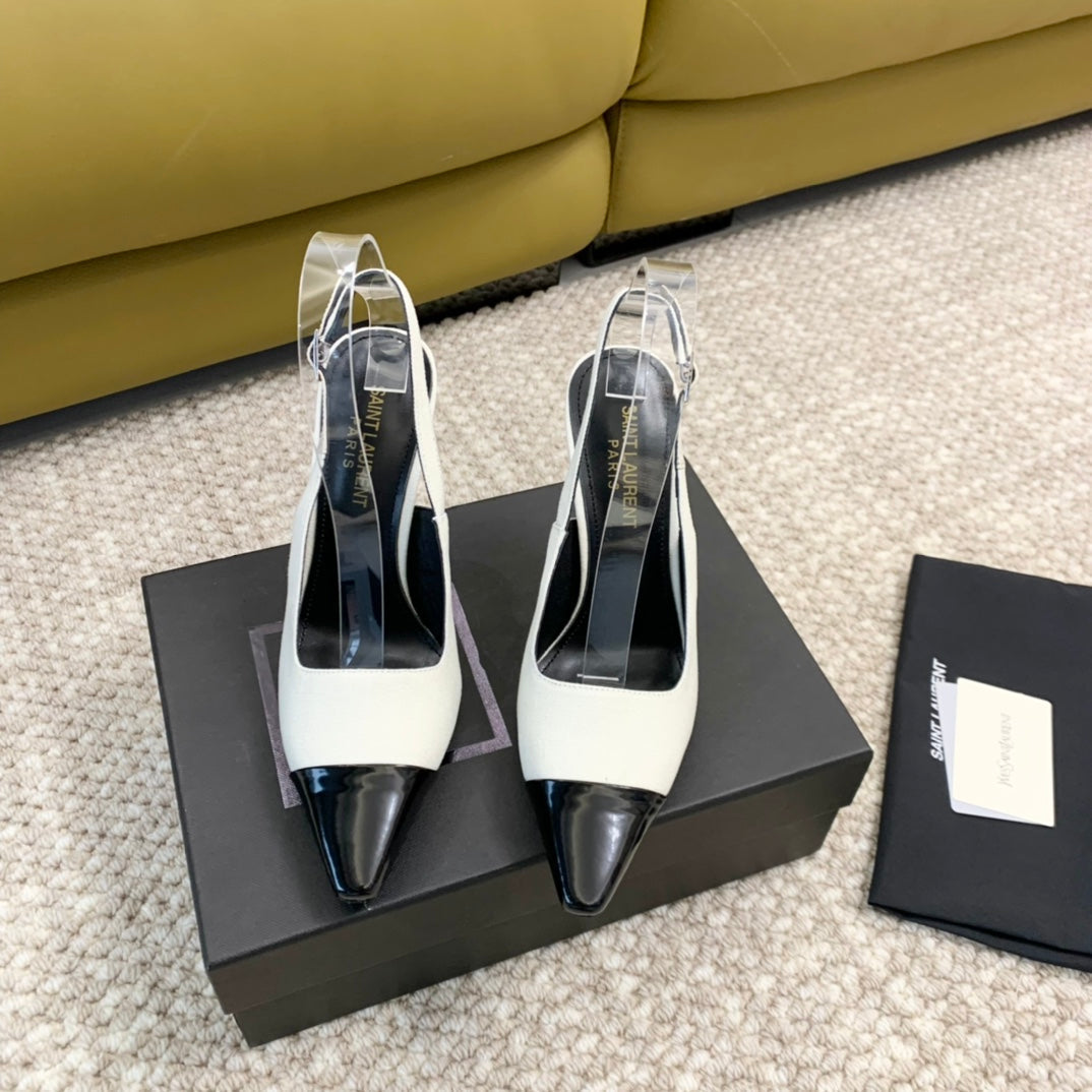 SL CAP-TOE SLINGBACKS WHITE CANVAS AND BLACK CALFSKIN