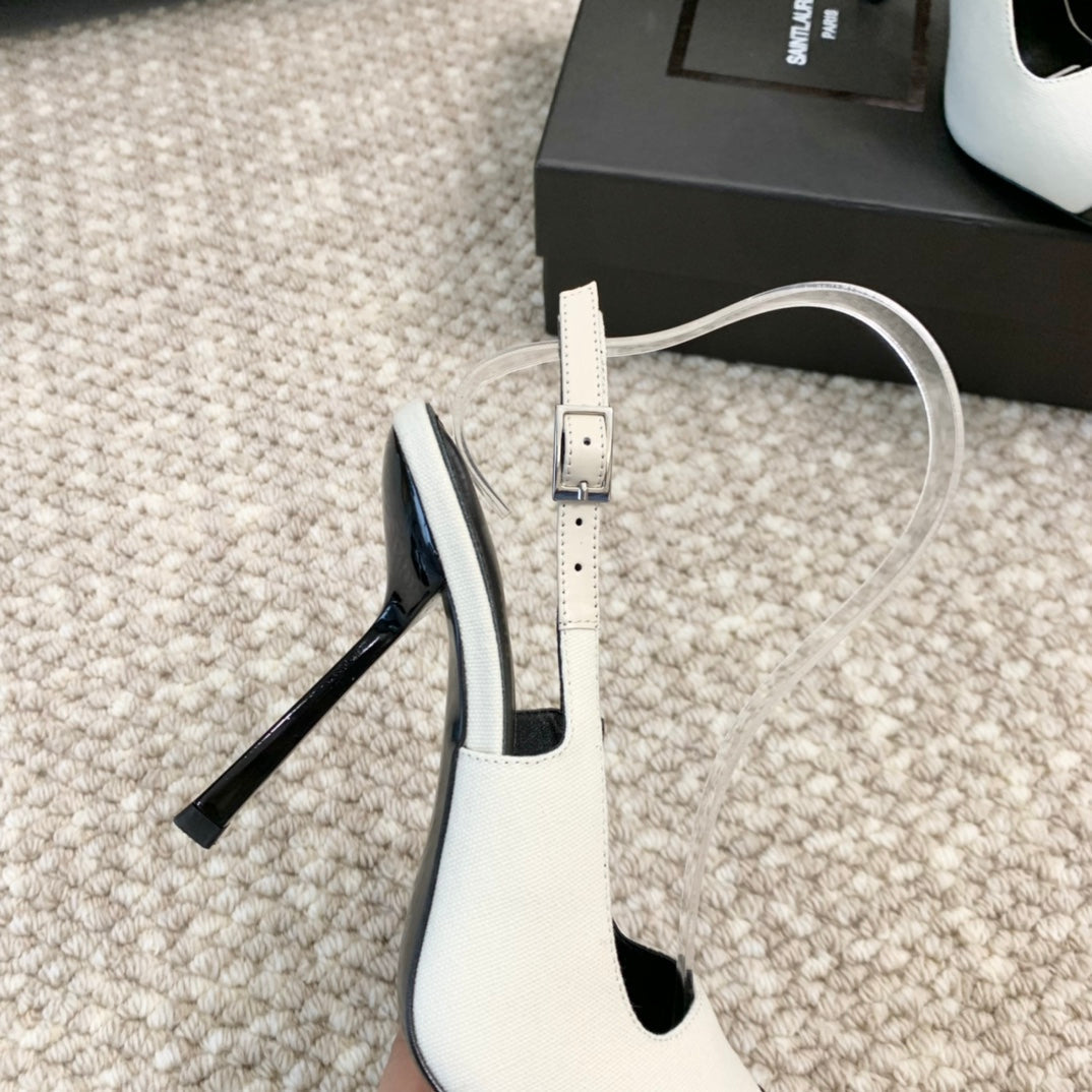 SL CAP-TOE SLINGBACKS WHITE CANVAS AND BLACK CALFSKIN