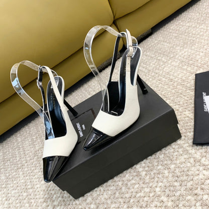 SL CAP-TOE SLINGBACKS WHITE CANVAS AND BLACK CALFSKIN