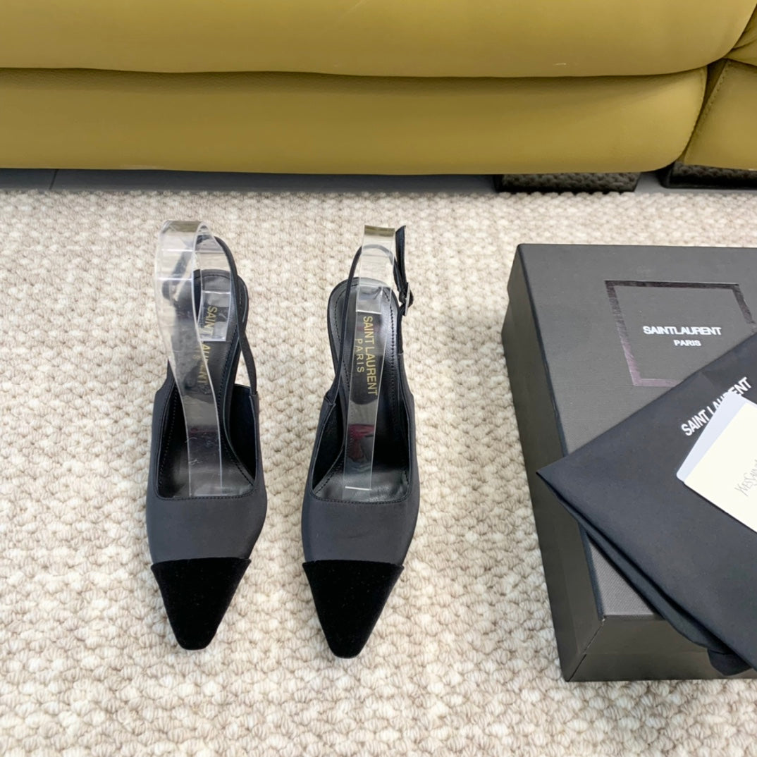 SL CAP-TOE SLINGBACKS BLACK SATIN AND VELVET