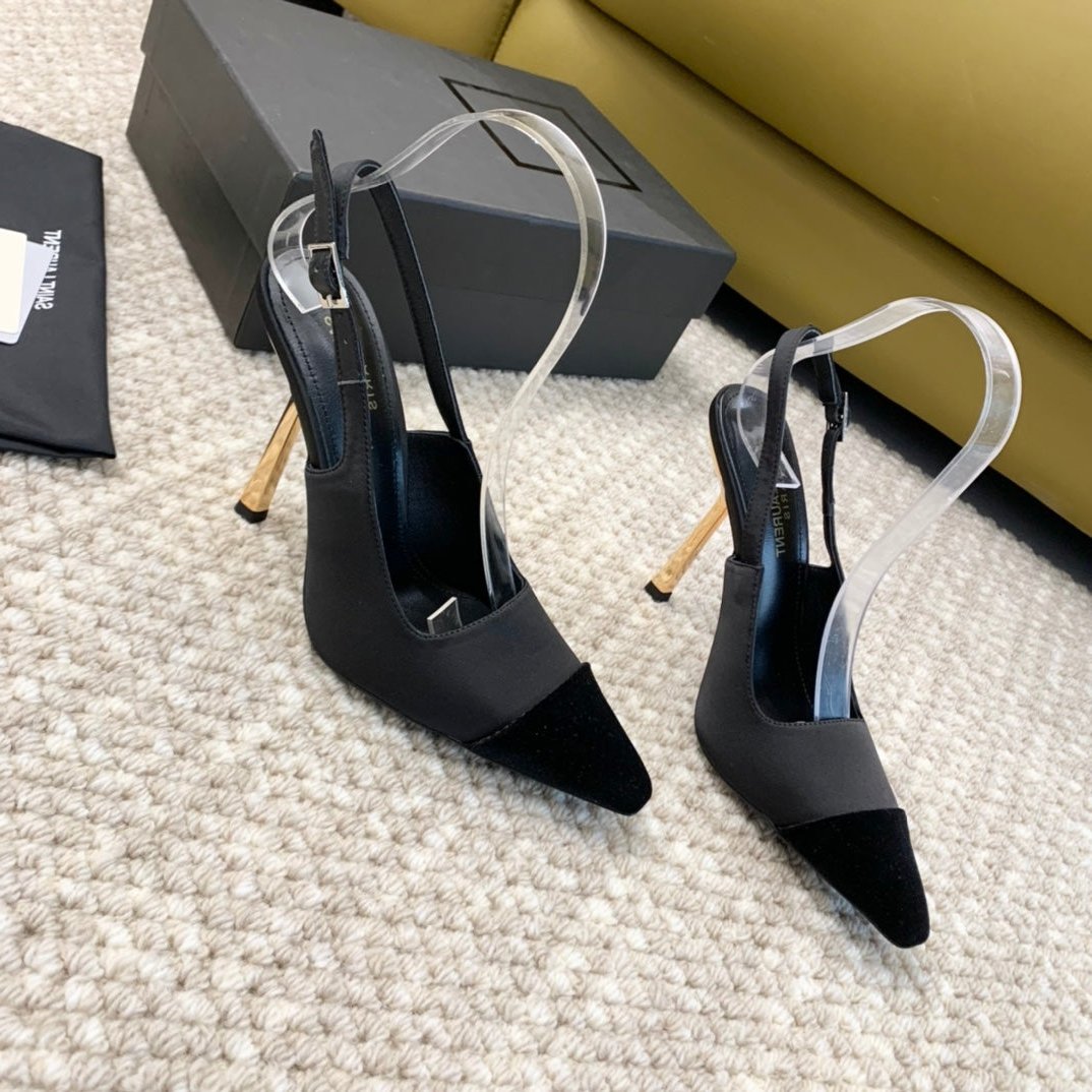 SL CAP-TOE SLINGBACKS BLACK SATIN AND VELVET