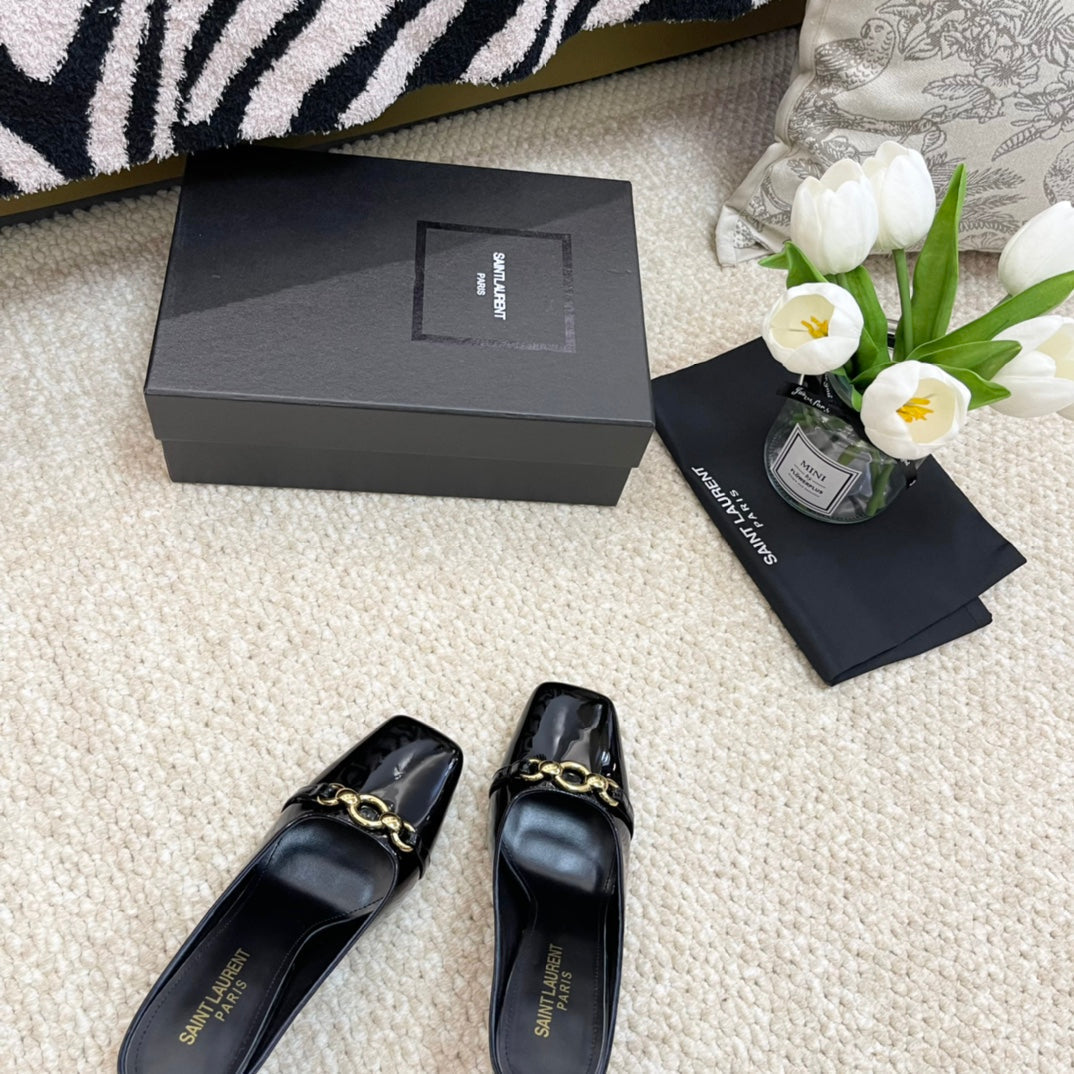 SL SQUARE TOE MULES BLACK CALFSKIN