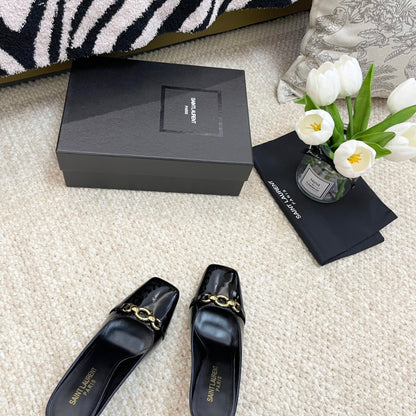 SL SQUARE TOE MULES BLACK CALFSKIN