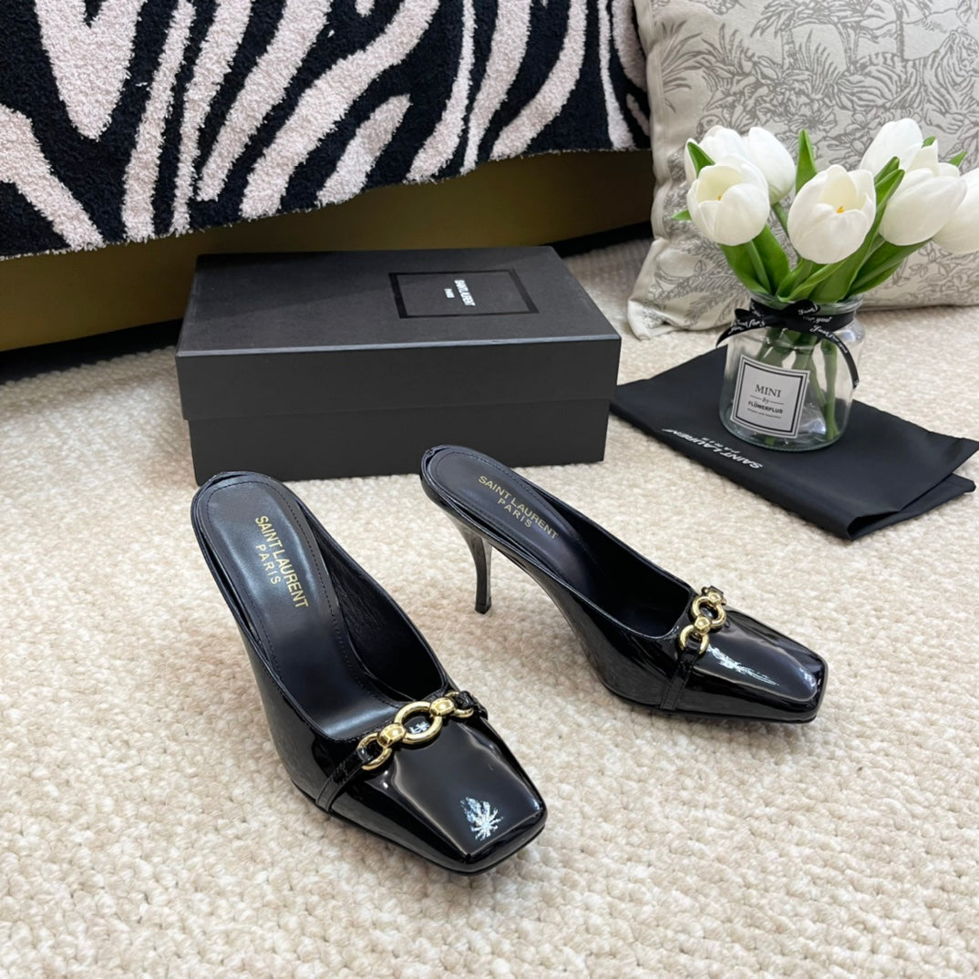 SL SQUARE TOE MULES BLACK CALFSKIN