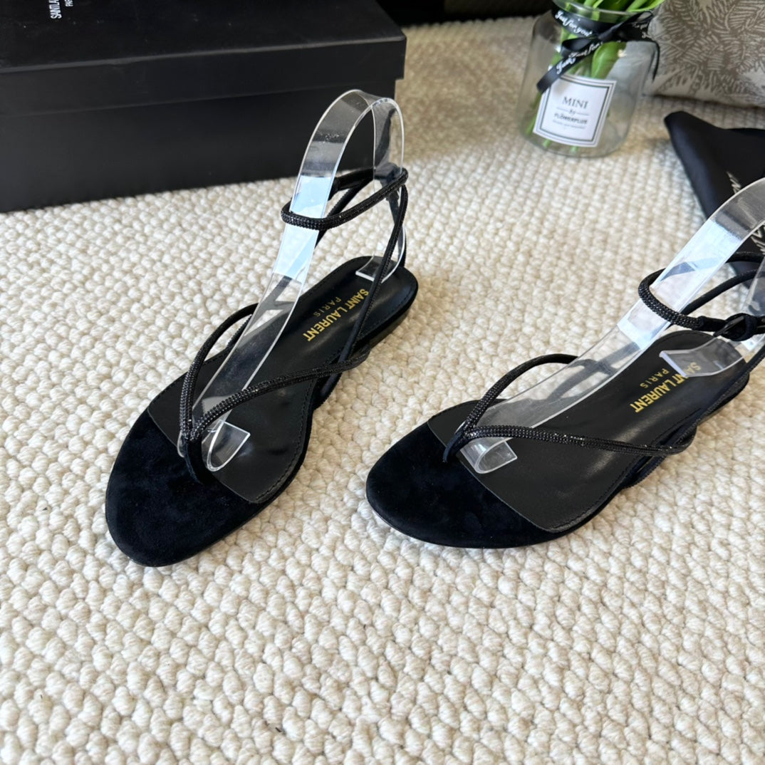 SL CRYSTAL FLAT SANDALS BLACK SUEDE