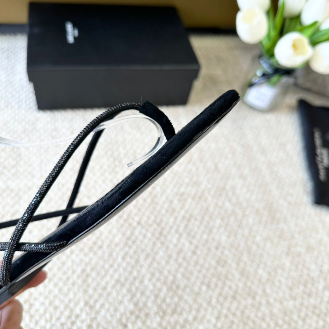 SL CRYSTAL FLAT SANDALS BLACK SUEDE