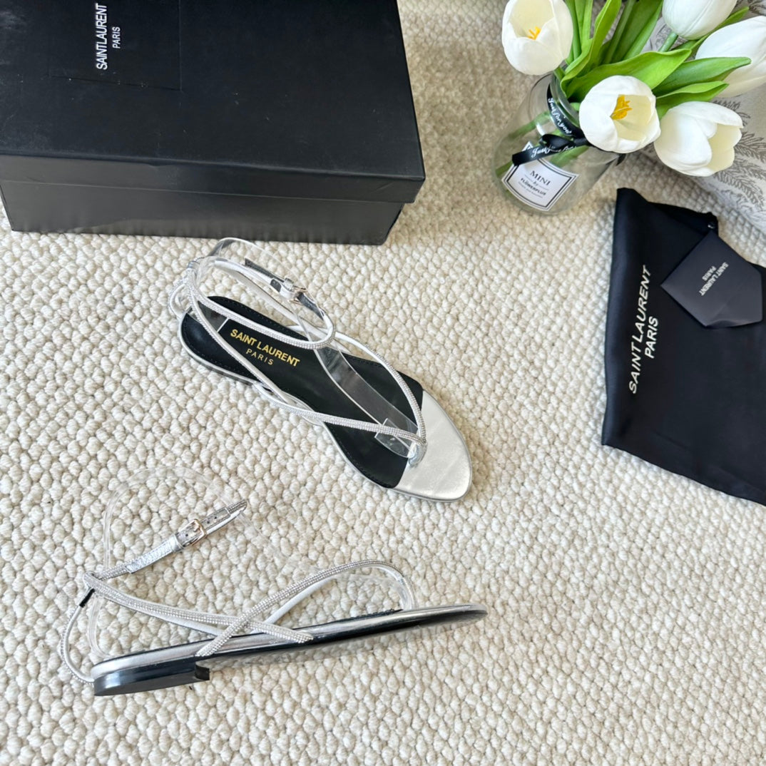 SL CRYSTAL FLAT SANDALS SILVER CALFSKIN