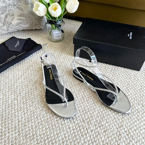 SL CRYSTAL FLAT SANDALS SILVER CALFSKIN